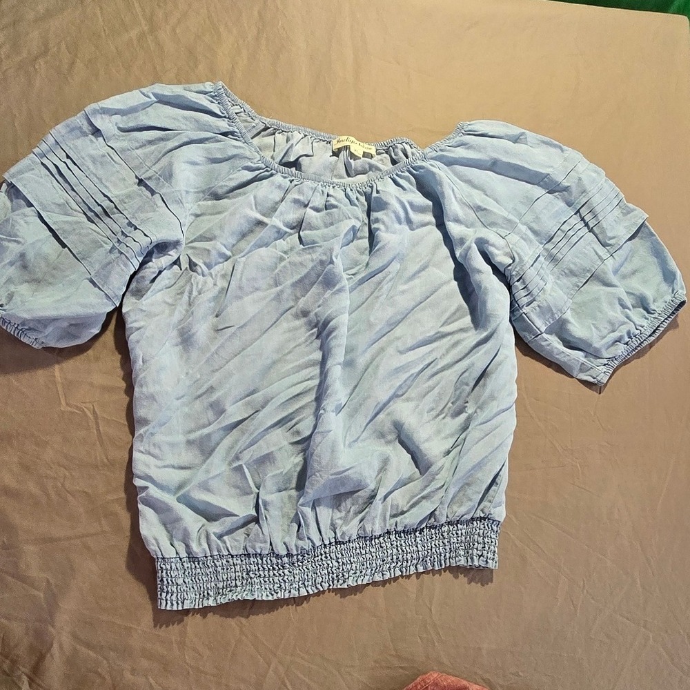 INDIGO ROSE XL Women's Light Blue Puff‎ Sleeve Smocked Crop Top chambray TENCEL